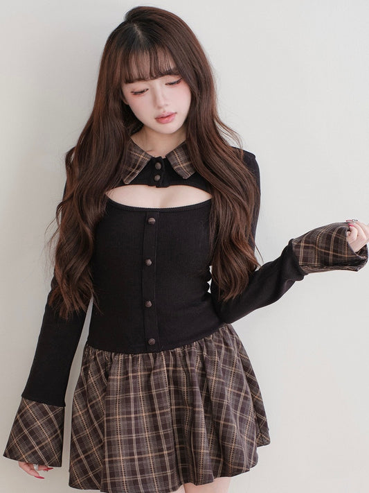 Dress Paneled Jirai Kei Knit Cutout Design Plaid Black