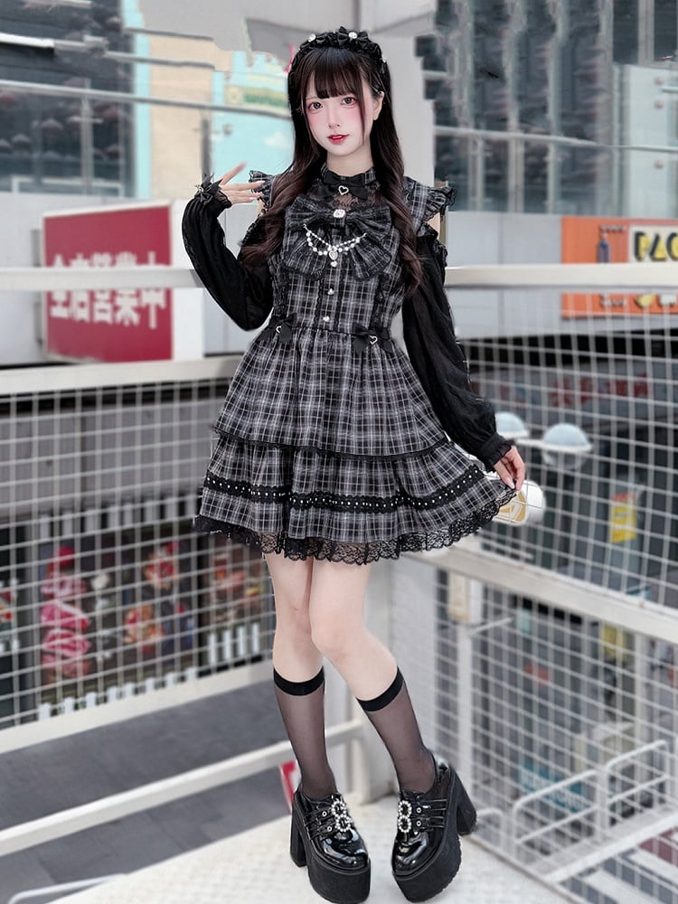 Plaid Cutout Shoulder Jirai Lace Trim Kei Chain with Bead Dress Bow and Black