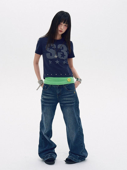 Navy Letter Print Tee with Star Studs - innomoood