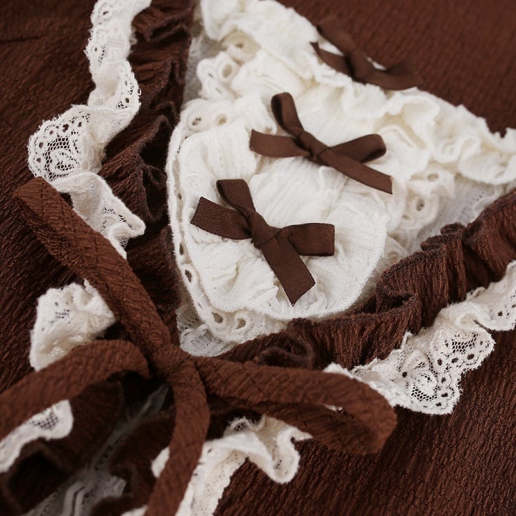 Coffee Puff-Sleeve Top with Lace and Ruffles - serendipity