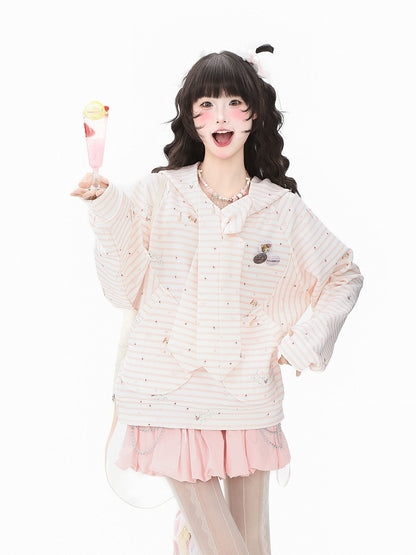 Adorable Puppy with Hoodie Blue/Pink Accents and Print Badge Striped