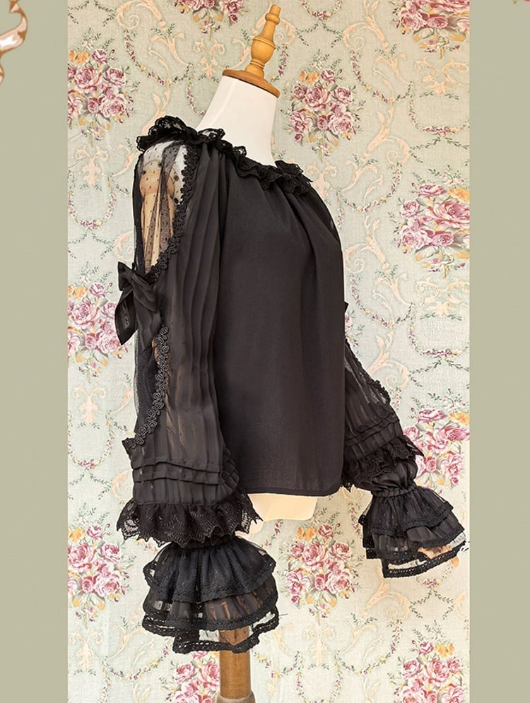 Lolita Semi-sheer Neck Trim Black Sleeves with Lace and Blouse Round Ruffled