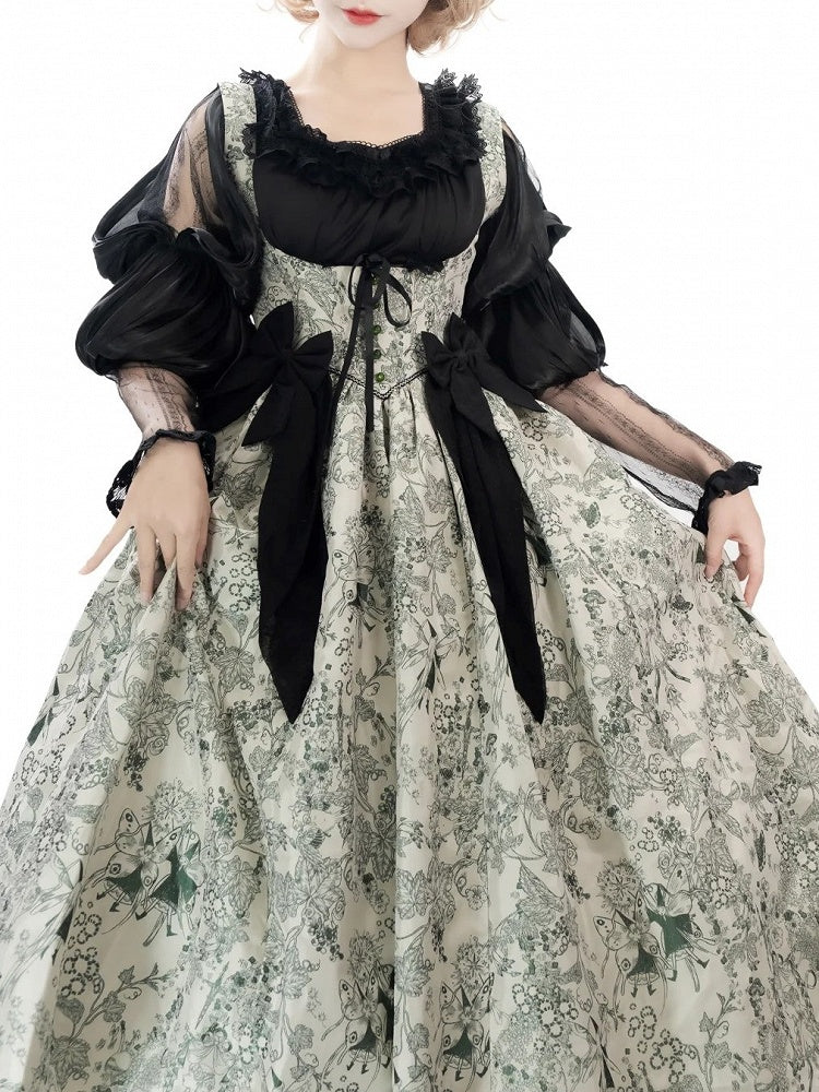 Green Basque Boned Bust Lolita Skirt and Jumper Waist Animals Print Wood Under