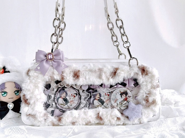 White Plush Ita Bag with Cute Puppy Charm - Daylight