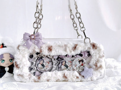 White Plush Ita Bag with Cute Puppy Charm - Daylight