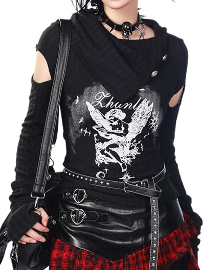 Dark Aesthetic Black Knit T-shirt with Angel Print