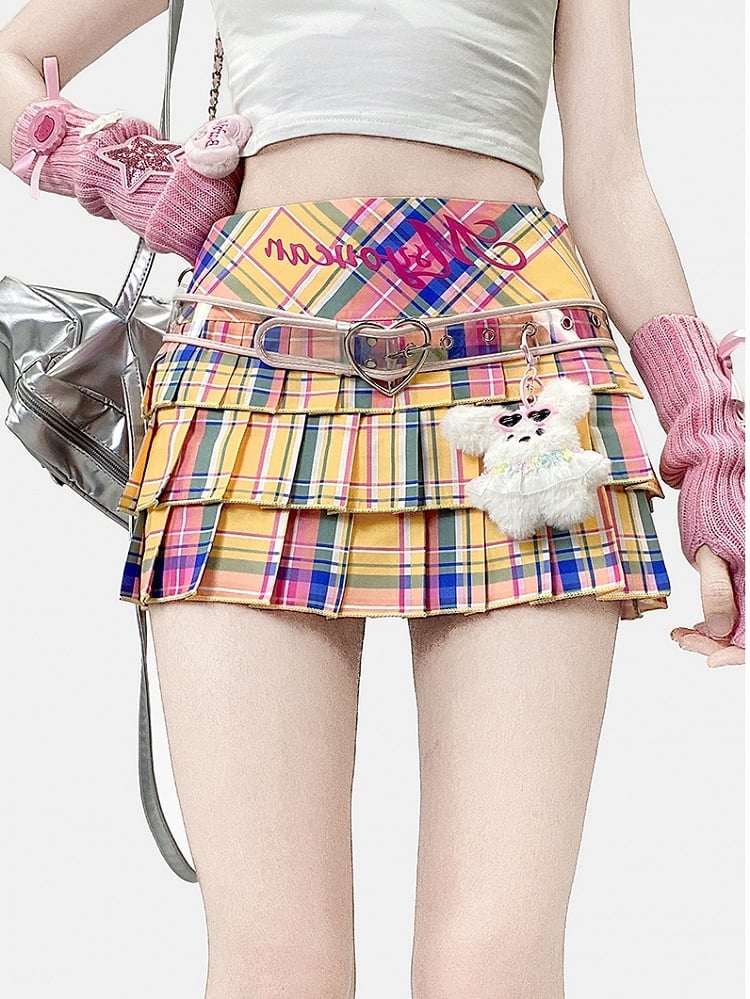 Drucken Bunter Rock Y2K Plissee Muster Plaid Buchstabe