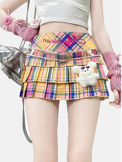 Drucken Bunter Rock Y2K Plissee Muster Plaid Buchstabe