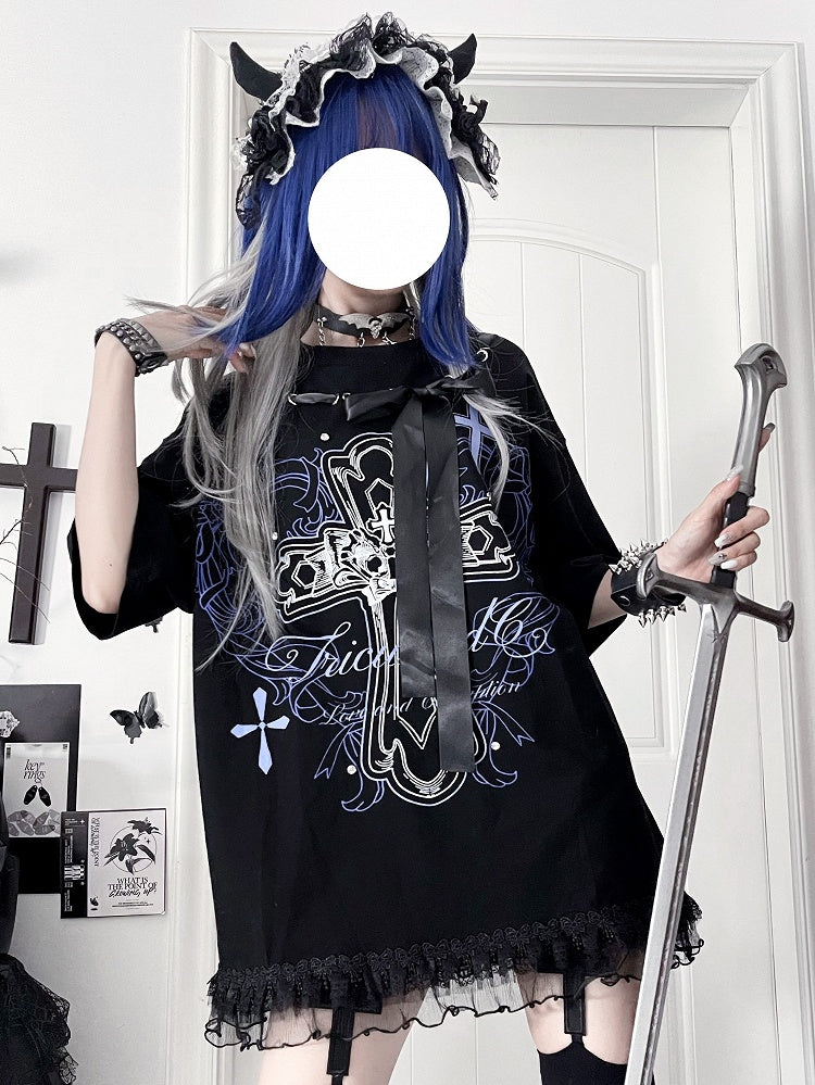 T-Shirtwith Letter Gothic Cotton Black Bow Ribbon Print NecklinePurple