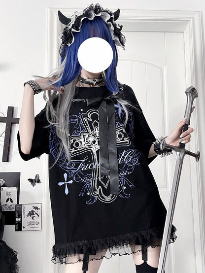 T-Shirtwith Letter Gothic Cotton Black Bow Ribbon Print NecklinePurple