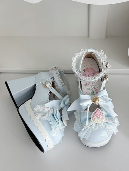 Mary PU Heart Sweet Adjustable Snap Chunky Janes - Blue Heel with Bow Strawberry Lolita