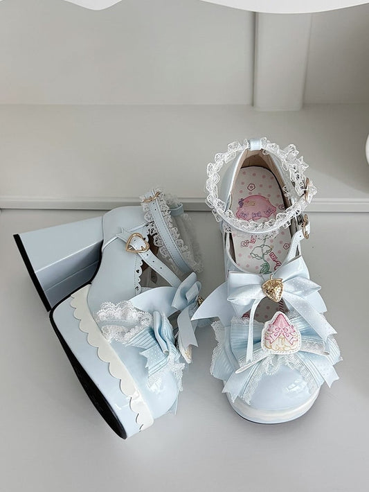 Mary PU Heart Sweet Adjustable Snap Chunky Janes - Blue Heel with Bow Strawberry Lolita