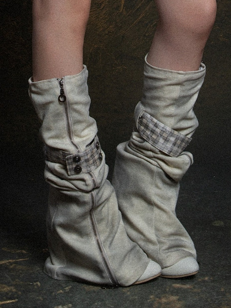 Plaid with Warmers Punk Leg Vertical Gray Strap Light Button Zipper