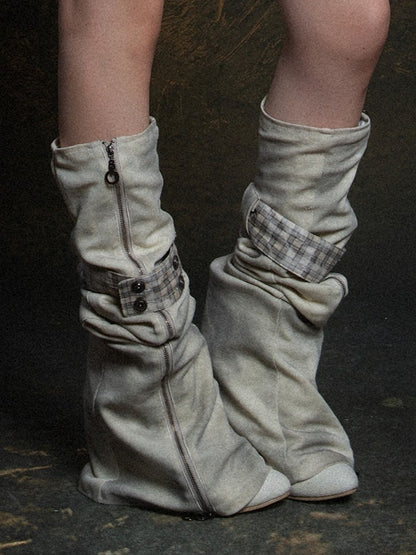 Plaid with Warmers Punk Leg Vertical Gray Strap Light Button Zipper