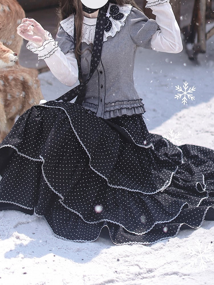 Tiered Dot Skirt Polka Tea Length Black
