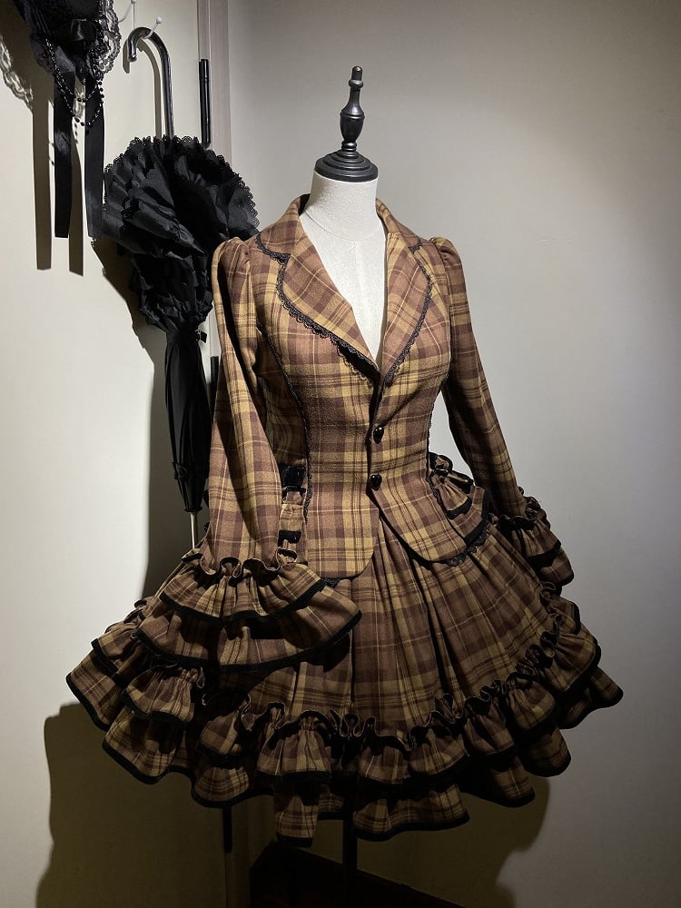 School Brown Blazer Old Notched Skirt Ruffled Plaid + - Lapel Lolita Set