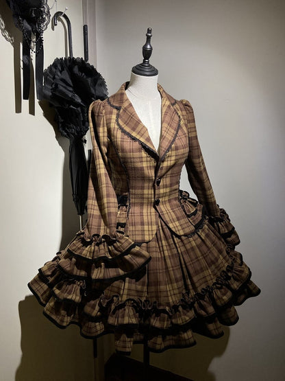 School Brown Blazer Old Notched Skirt Ruffled Plaid + - Lapel Lolita Set