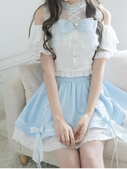 イリュージョンスカートショルダーブルークロスオープンホワイトデザイントップ+ネックラインケイセットジライ