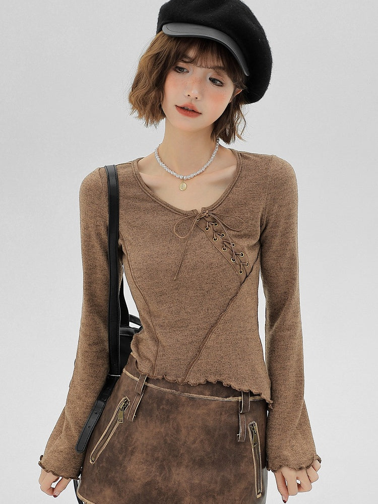 Brown Ruffle Trim Long Sleeve T-Shirt with Lace-up Details - Girlyhalo