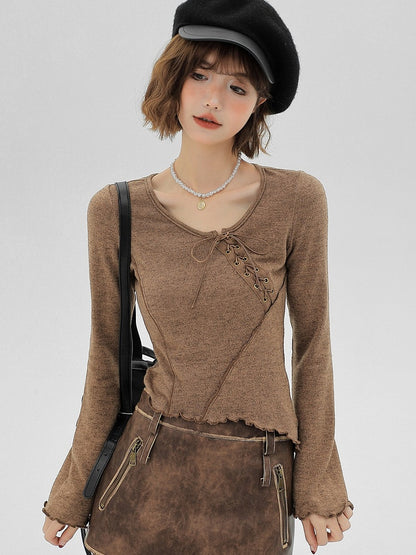 Brown Ruffle Trim Long Sleeve T-Shirt with Lace-up Details - Girlyhalo