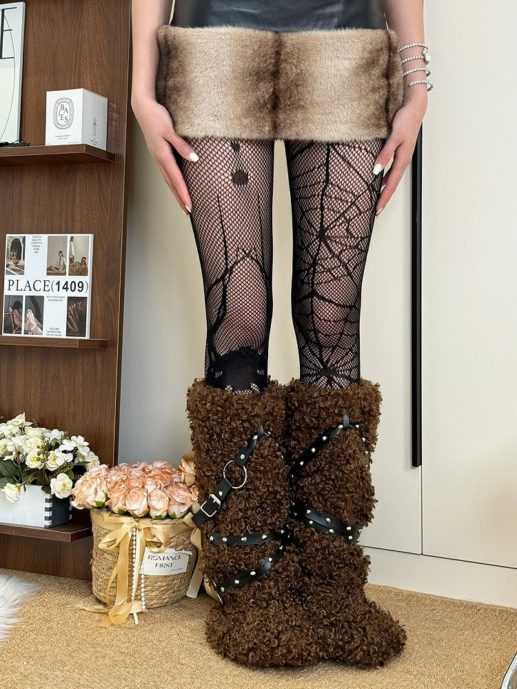 Punk Strap Warmers Plush Rivet Curly 25CM/40CM Leg Black/White/Brown