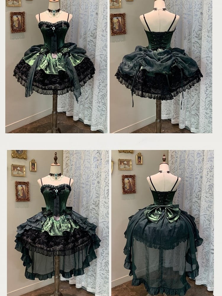 Black Lolita Bouquet Boned with Rose Dress Strapless Hem Green Gothic
