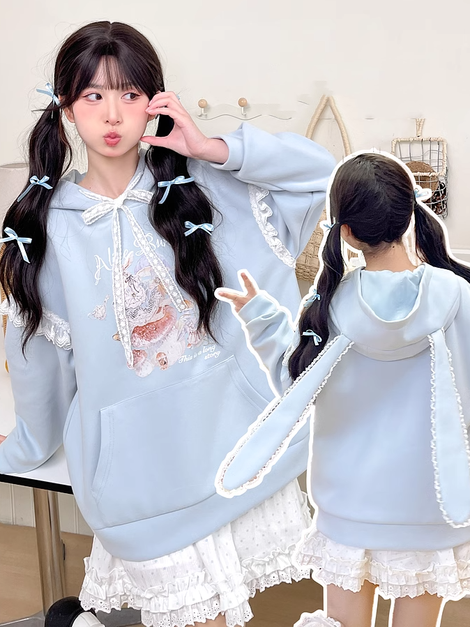 Yume Kawaii Blue Bunny Ear Hood Rabbit Print Hoodie