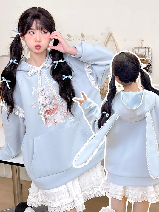 Yume Kawaii Blue Bunny Ear Hood Rabbit Print Hoodie