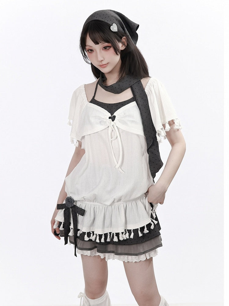 White Faux Two-Piece Flutter Sleeve Top with Tassels - PINK SAVIOR