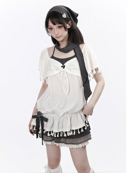 White Faux Two-Piece Flutter Sleeve Top with Tassels - PINK SAVIOR