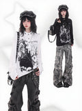 Dark Kawaii White Long-Sleeve Top with Skull Angel Print & Metal Button Details - KNOW8 Online Shop