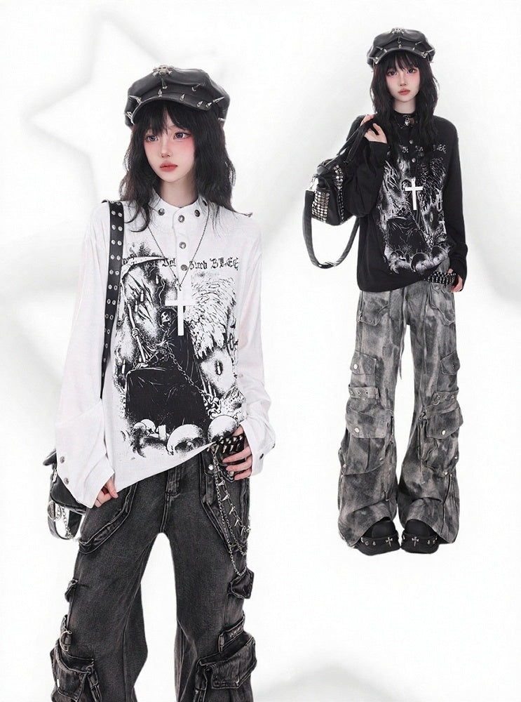 Dark Kawaii White Long-Sleeve Top with Skull Angel Print & Metal Button Details - KNOW8 Online Shop