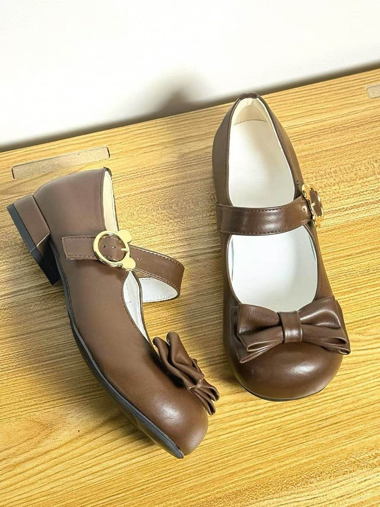 Top Brown PU Heeled Lolita with Round-toe in Shoes 2cm Bear Buckle Bow Sweet