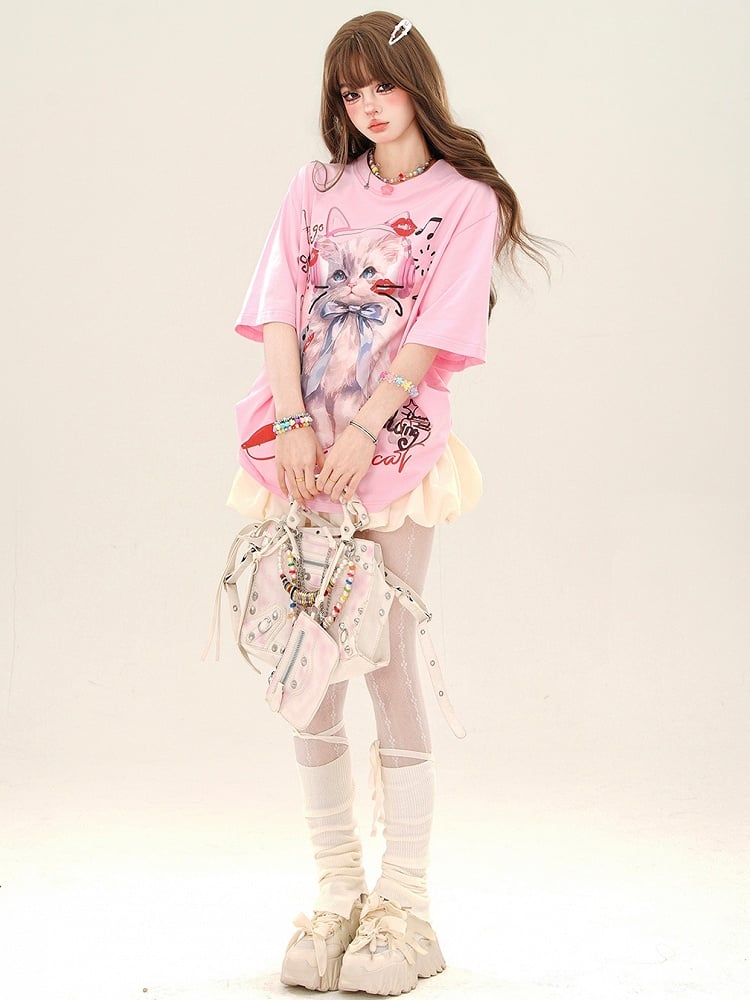 アプリコット/ピンクのスウィートキャットルーズTシャツ