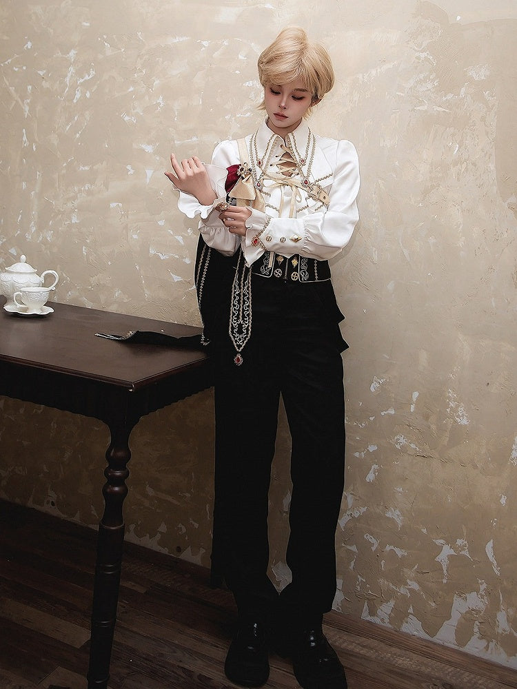 Ouji Knight Lolita Jabot Collar Shirt with One Shoulder Cape and Long Pants Set - Xiong Dou Jiang