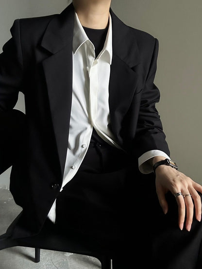Black Collar with Notched Front Button Blazer - Ouji
