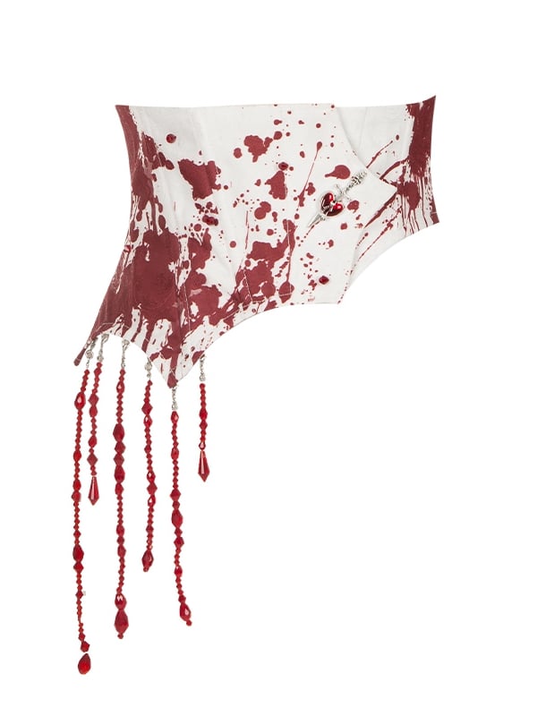 Detachable with White Blood Bead Chains Asymmetrical Gothic Lolita Belt Red Corset Print