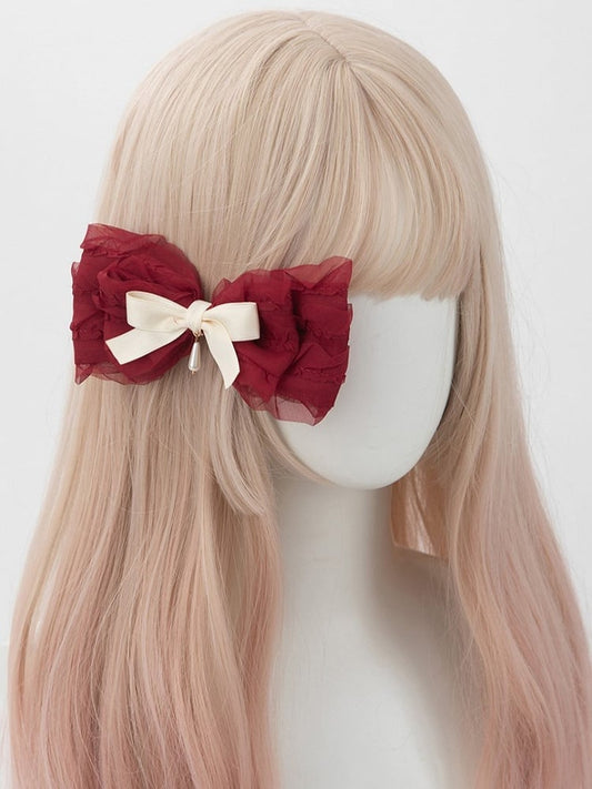 shaped Sweet Bead Beige Hairclip Bow Ruffled Charm Lolita Red with Droplet