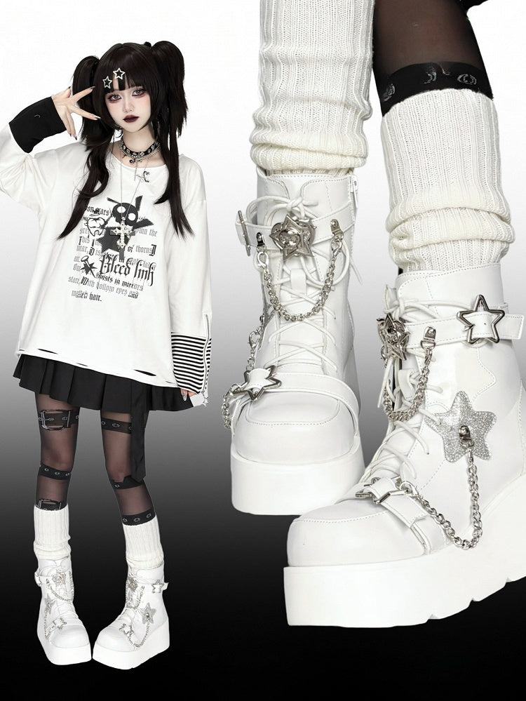 PU White Punk Platform Boots - Star Accents, Detachable Chain Charm & Multi-Fastening System