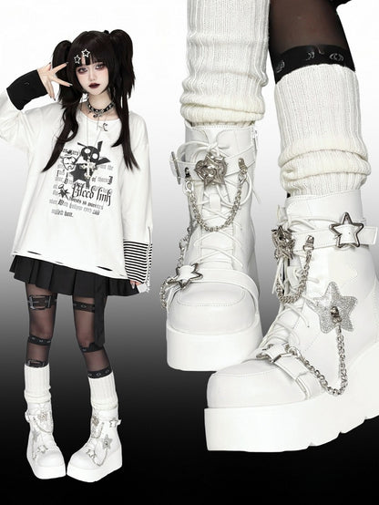 PU White Punk Platform Boots - Star Accents, Detachable Chain Charm & Multi-Fastening System
