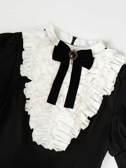 White Ruffles Bodice Black Long Juliette Sleeves Lolita Slimming Dress