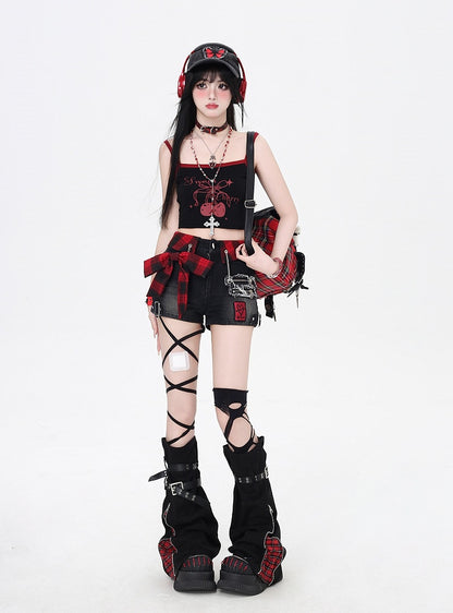 赤いデニムショートパンツ チェック柄 蝶結び 黒 グラマラス