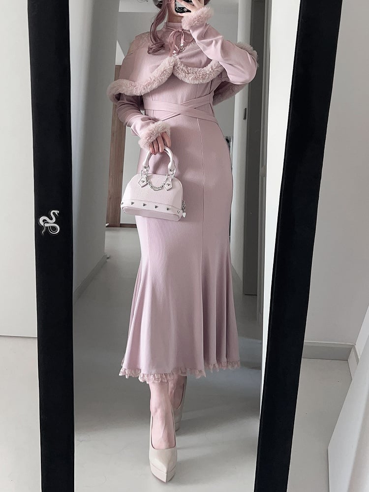 Kei Style Trim Innocent with Pink/Black Shoulder Fuzzy in Mermaid Dress: Jirai Knit Open Elegant