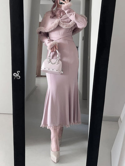 Kei Style Trim Innocent with Pink/Black Shoulder Fuzzy in Mermaid Dress: Jirai Knit Open Elegant