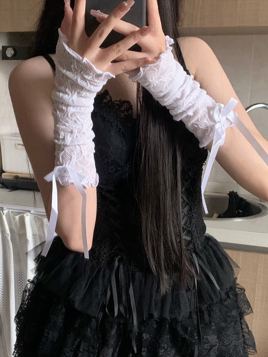 Style Lace Lolita Details Gloves Bow Butterfly Ribbon and with White
