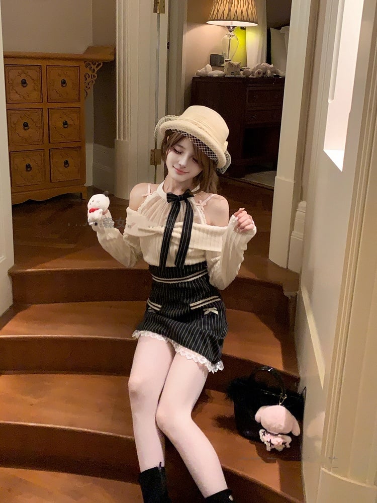 Clean Kei Halter in Dress White Black Innocent Jirai Stripes