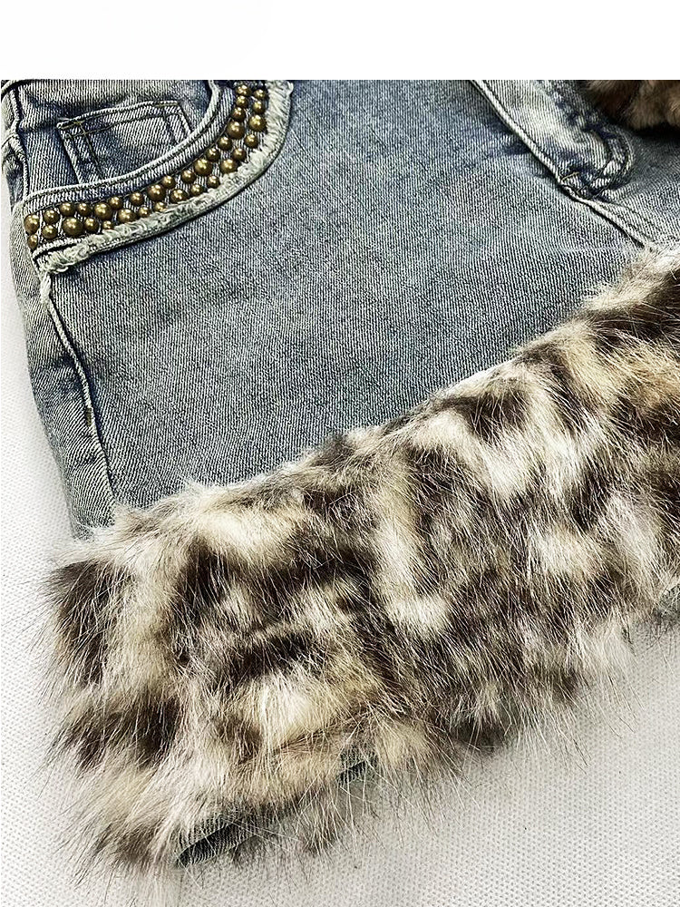 Light Blue Denim Leopard Trim High Waist Skirt