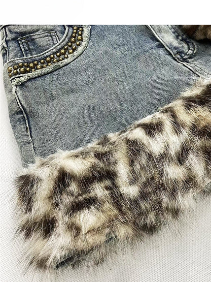 Light Blue Denim Leopard Trim High Waist Skirt