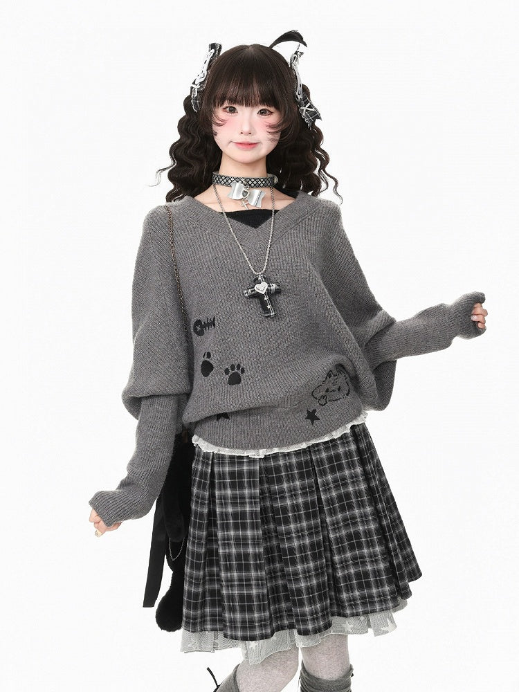Dark Gray Two-Piece Look Batwing Sleeve Sweater with Kitten Themed Embroidery - Languid Park