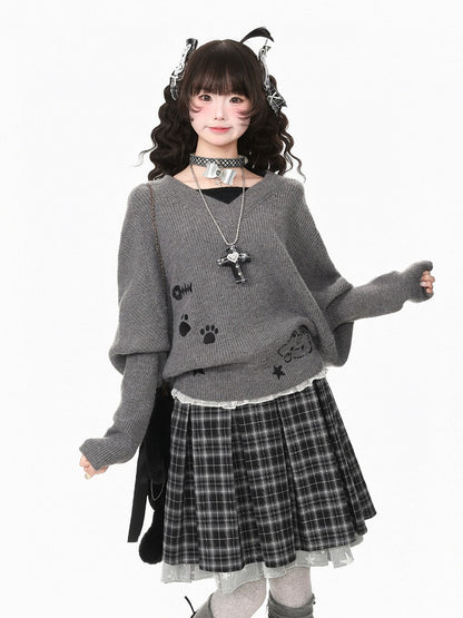 Dark Gray Two-Piece Look Batwing Sleeve Sweater with Kitten Themed Embroidery - Languid Park